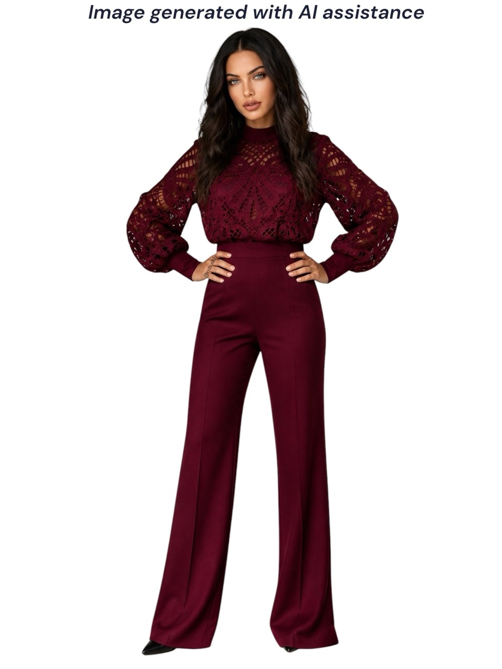 Valentine M wine balloon sleeve lace jumpsuit